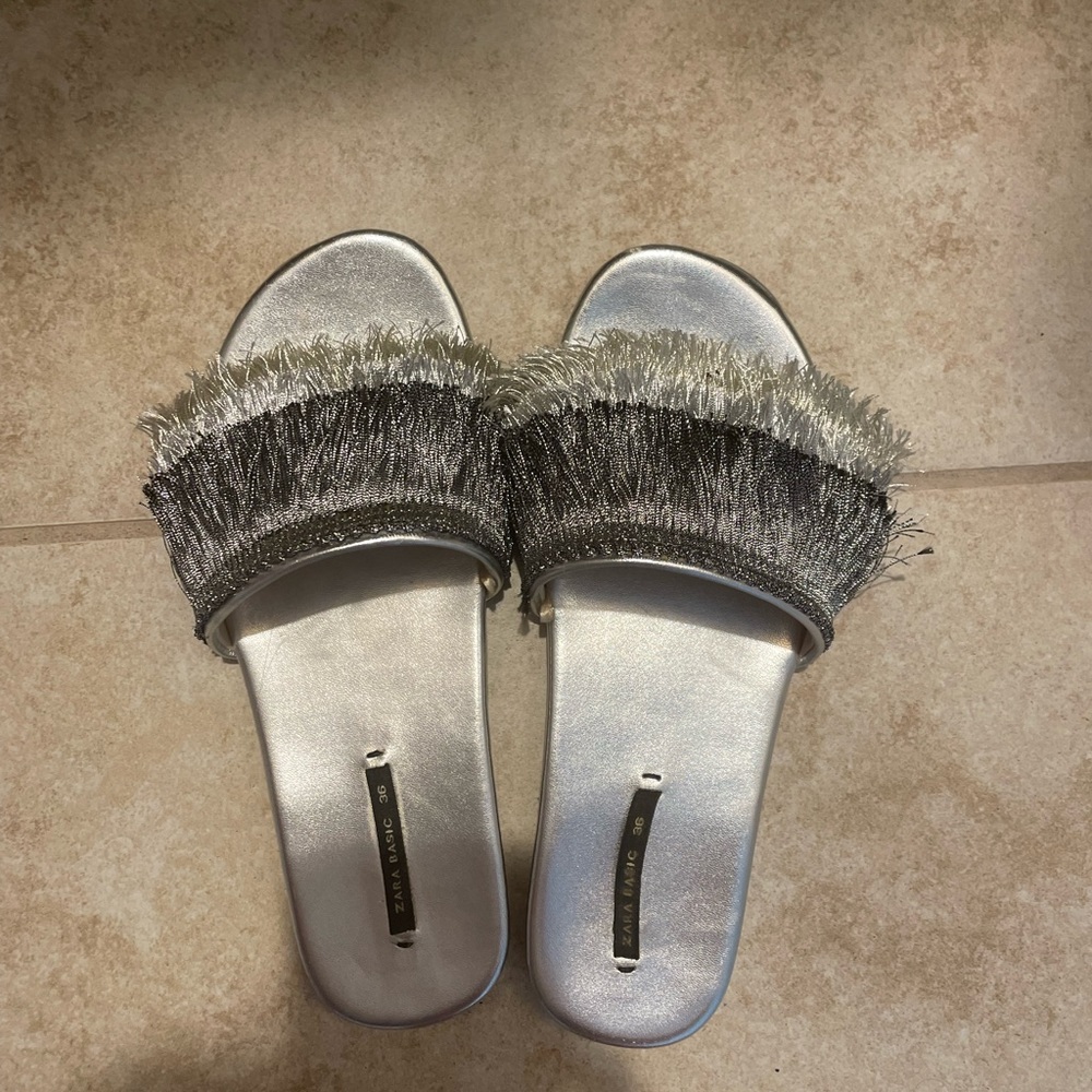 Zara metallic silver fringe slide sandal